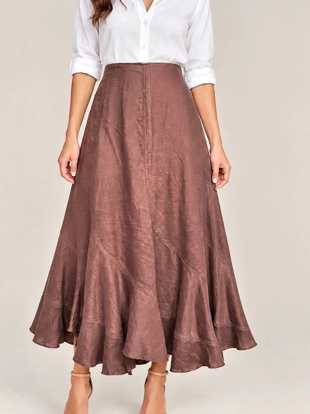 Melanie Lyne 100% Linen Brown Maxi Skirt Ruffle Hem Size M